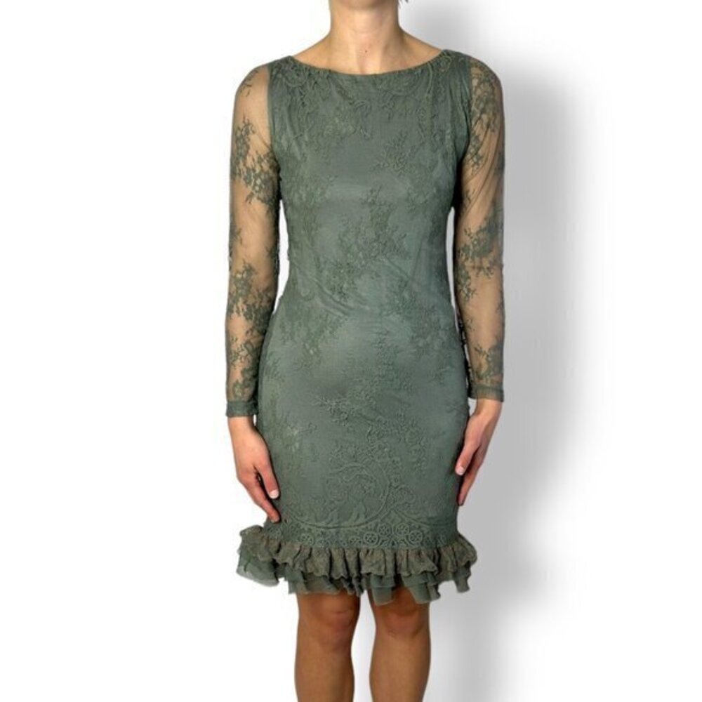 Lace Overlay Knee Length Dress Sheer Long Sleeves Form Fitting Ruffle Sz S Green